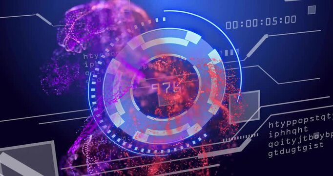 UI ring appearing, displaying fluctuating metrics, particles swirling, sliding code, rotating ring
