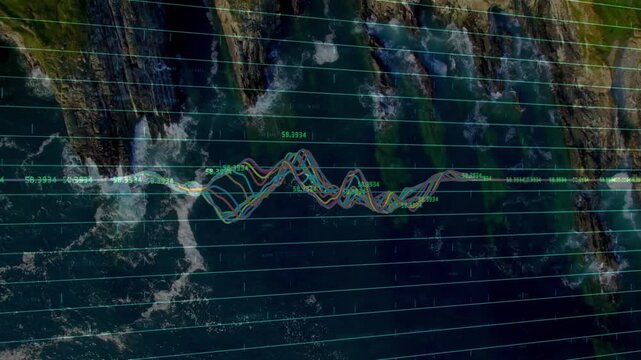 At start multicolor waveform curves oscillating over transparent grid, showing coastal data flow