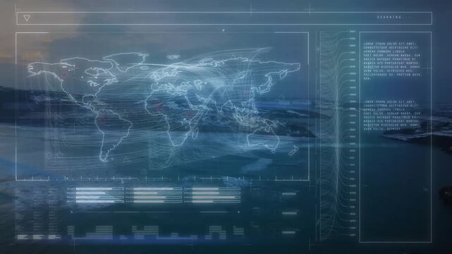 Fading translucent overlay starting coastal map view curved lines mapping data marker marking node