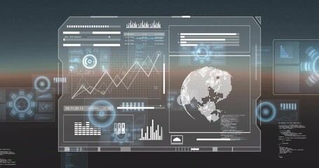 Loading bars filling, UI panel animating line graph, rotating globe, adding bar charts to show data - Powered by Adobe