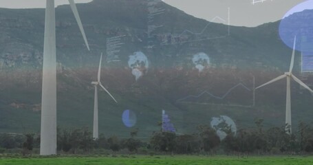 Starting third second, wind turbines rotating and digital charts fading in, visualizing energy data - Powered by Adobe