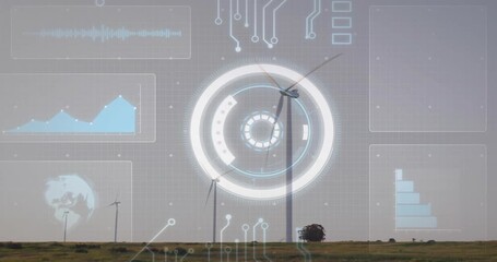 Upon interface startup main wind turbine rotating clockwise while HUD panels showing power metrics - Powered by Adobe