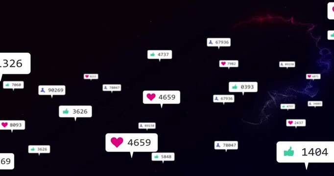 Floating heart spawning badges with changing counts fading amid red-purple trails showing growth