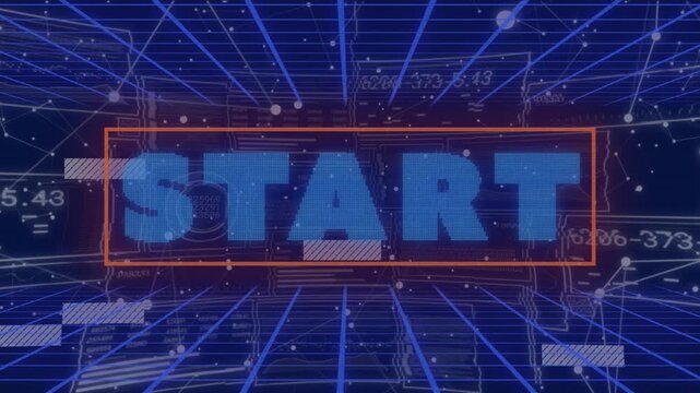 Grid opening initiating START word glowing, orange outline pulsing, glitch bars drifting for launch