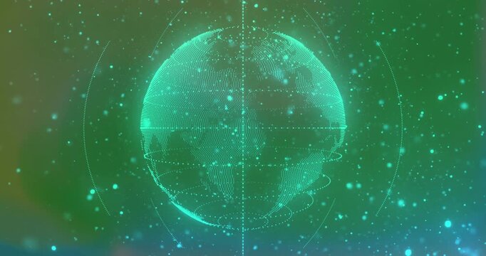 Opening neon-green globe rotating clockwise as spiral rings gridlines and dots showing global flows