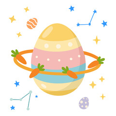 Cute Easter egg planet illustration with carrot rings, stars and constellations. Whimsical cosmic holiday design, perfect for spring, Easter decor, greeting cards and kids themes