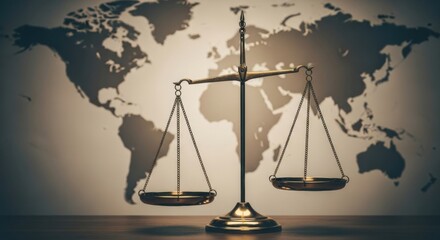 Vintage scales of justice standing before a world map background. Symbolizing international law, global balance, diplomacy, and universal human rights.