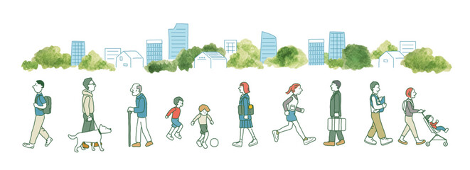 町を行き交う人々　ベクターイラスト