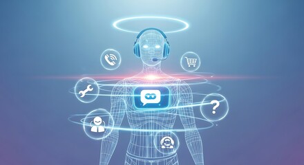 Virtual assistant providing customer support with glowing interface and halo in futuristic setting, showcasing technology and helpful service.