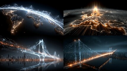 Dynamic global network connections illuminate continents and bridges, symbolizing digital innovation and modern infrastructure