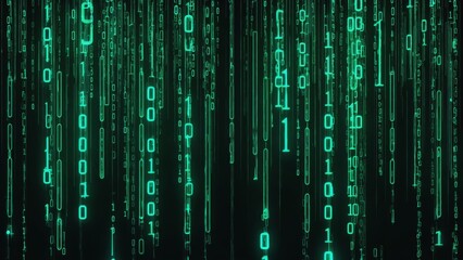 Abstract digital background of glowing green binary code falling vertically on a black screen, inspired by futuristic cyber technology, data streams, programming, encryption, computer network concepts