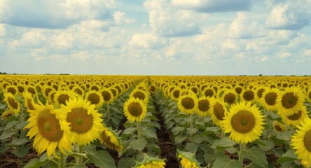 Obraz premium A vast field of sunflowers stretches to the horizon under a partly cloudy sky