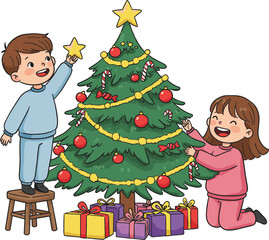 Joyful children decorating Christmas tree with star topper, colorful ornaments, candy canes, gifts underneath, festive holiday scene, happy family celebration, wintertime tradition.