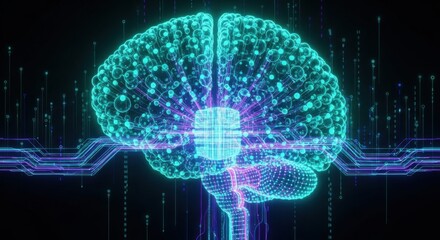 Futuristic Digital Brain Illustration Depicting Artificial Intelligence Technology in Neon Blue with Circuitry