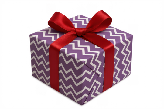 Purple gift box wrapped with red ribbon on transparent background - Powered by Adobe