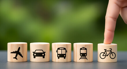 Choosing sustainable travel options with finger selecting bicycle icon for eco-friendly journeys