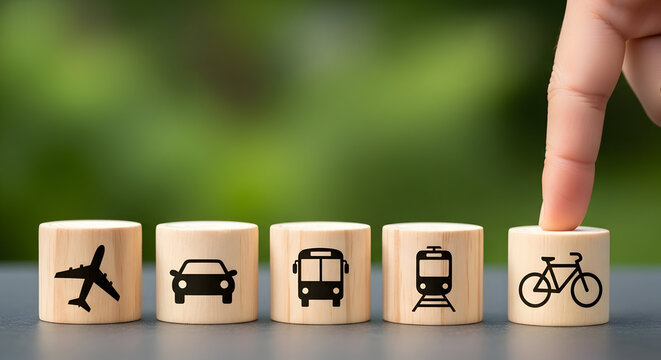 Choosing sustainable travel options with finger selecting bicycle icon for eco-friendly journeys