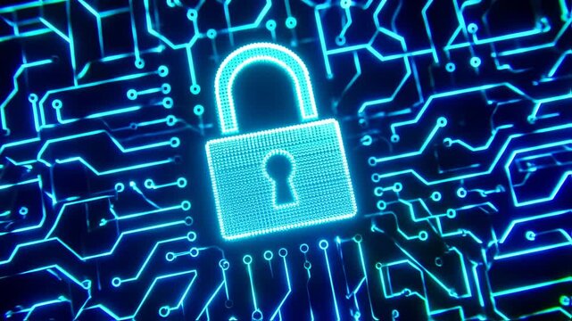 Cybersecurity and data protection concept, digital key lock circuit board animation, security