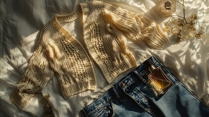 Cream knit cardigan and jeans