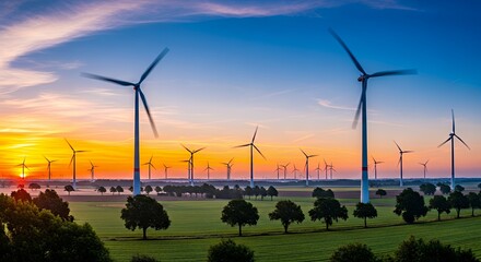 Wind Turbines Silhouetted Against Colorful Sunset Sky Over Green Field