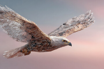 Eagle flying with polygonal wireframe overlay in soft pink sky, symbolizing technology and nature fusion