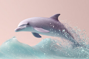 Dolphin jumping out of blue ocean wave with water splashing and soft pink sky background