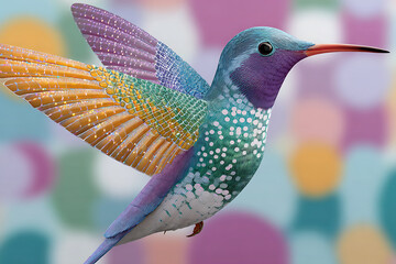 Colorful hummingbird with detailed feathers and vibrant wings flying against soft blurred background, showing delicate beauty