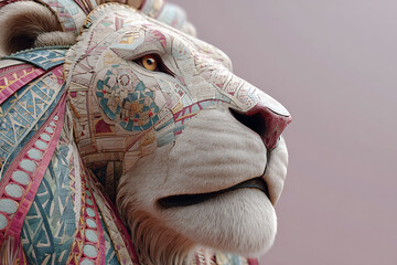 Colorful mosaic lion sculpture with intricate patterns and realistic fur texture, showcasing artistic craftsmanship