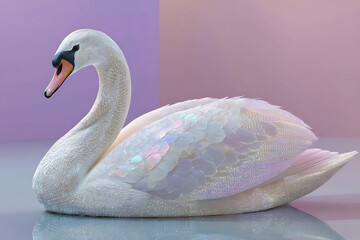 Swan with iridescent feathers resting on reflective surface with soft purple and pink background creating serene mood