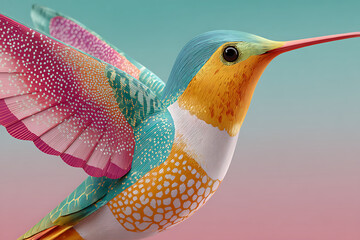 Colorful hummingbird with detailed feathers and vibrant wings flying against soft gradient background