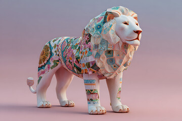 Colorful patterned lion sculpture with geometric and floral designs standing on pink background, artistic and vibrant