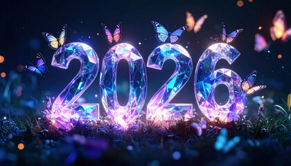 Enchanting 2026 Crystal Numerals Luminescent Butterflies in a Mystical Night Garden.