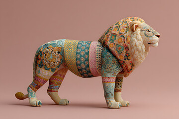 Colorful patterned lion sculpture with intricate designs and artistic expression on neutral background