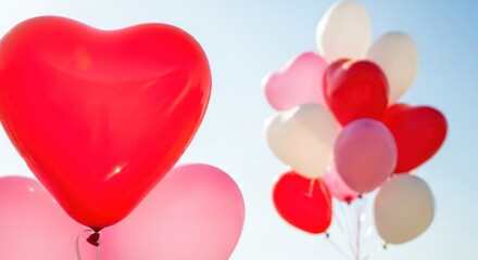 Vibrant Red Heart Balloon Against Blue Sky with Blurred Romantic Celebration Background
