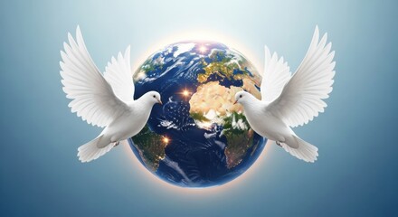 A pair of peace doves with wings spread, guarding the glowing Earth globe. An inspiring illustration for the International Day of Peace and harmony.
