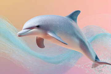 Dolphin jumping with water splash and colorful wave lines on pastel background, dynamic and lively marine animal