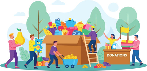 Fototapeta premium Volunteers enthusiastically collect donations like toys and clothes, spreading joy and community spirit.