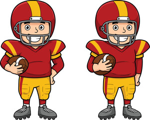 Two cartoon football players holding ball, wearing red and yellow uniform, smiling kids with helmets, sports team, youth football, fun athletic illustration.Two cartoon football players holding ball, 