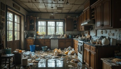 Overwhelmed kitchen in disarray showing a disaster, damaged furniture and debris