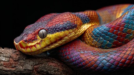 Fototapeta premium Vibrant snake is coiled on a branch, displaying a stunning array of colors and intricate scale patterns, highlighting natural beauty and detail