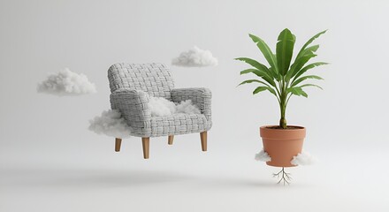 An armchair made of woven material with fluffy clouds and a potted plant create a surreal scene.