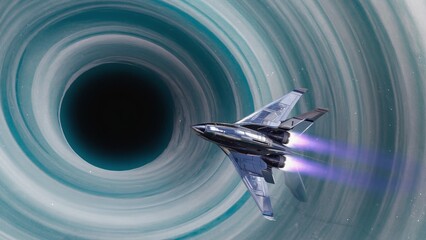 Sleek futuristic spaceship flying at high speed towards a massive swirling black hole in deep space, representing interstellar exploration, science fiction adventure, and the mysteries of the universe