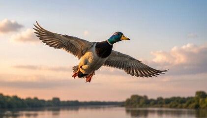 Obraz premium Flying Mallard Duck with Green Head Against Soft Sunset Sky