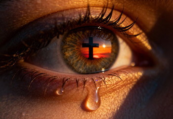 Contemplative Eye and Crucifixion Reflection: Captivating close-up of an eye where the reflection of a crucifix against a sunset captures a moment of intense reflection.