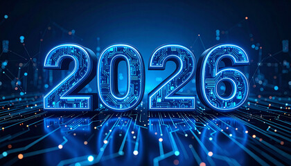 Futuristic 2026 Glowing Circuit Board Numbers on Digital Network Blue Tones.