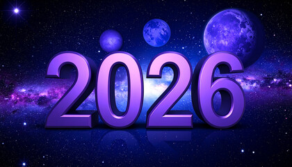 Futuristic 2026 in Space Purple Numbers Planets and Galaxy Background.