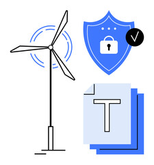 Wind turbine generating energy, shield icon with lock symbolizing data security, and text documents. Ideal for sustainability, renewable energy, cybersecurity, data protection, technology, digital
