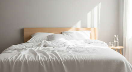 朝の光が差し込む白いベッドルームと整えた水差し