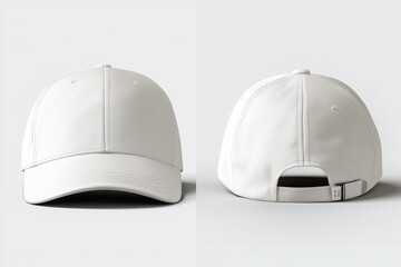 A stylish white cap mockup from the front and back angles, showcasing its sleek design and adjustable strap