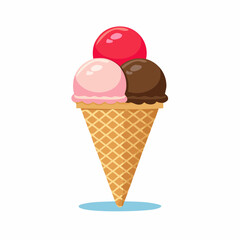 A colorful illustration of three scoops of ice cream in a waffle cone, isolated on white.